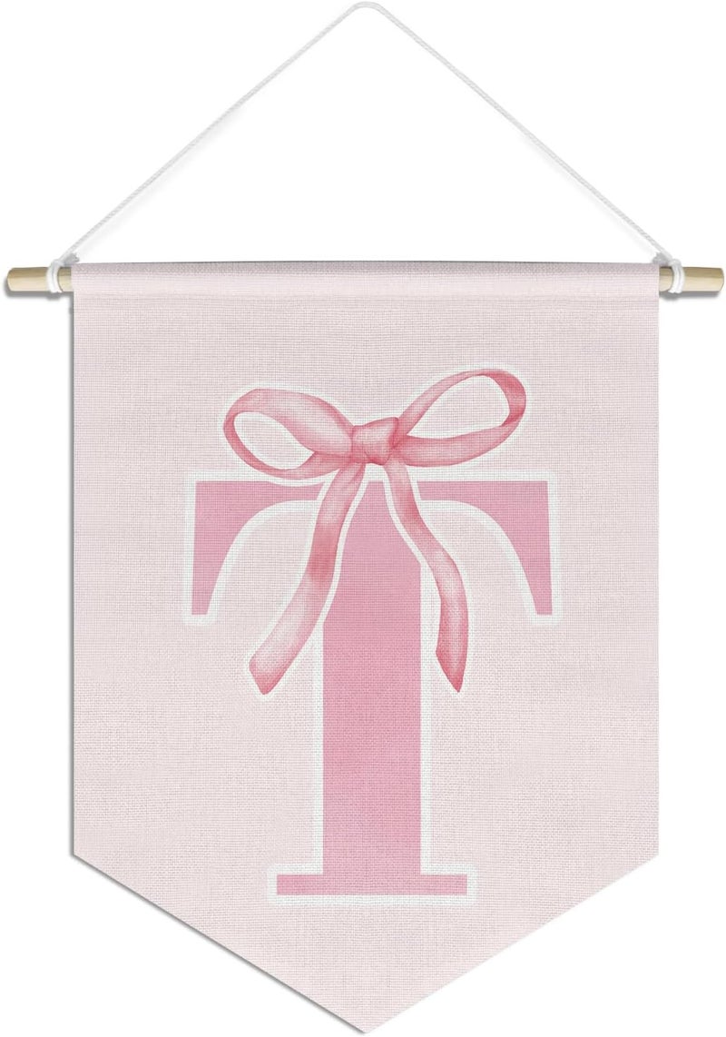 foedor initial Personalized Preppy Canvas Hanging Pennant Flag Banner, Coquette Pink Bow Teen Girl Gifts,Trendy Cute Monogrammed Gifts Wall Decor for Women Teen Girl Nursery bedroom(T) - Image 1
